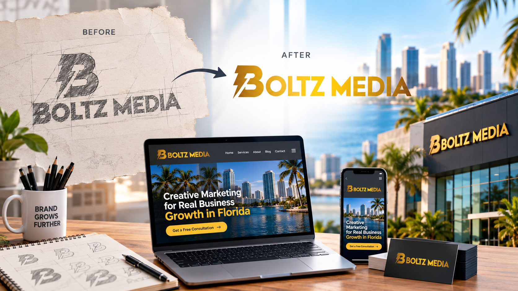 Logo redesign Florida showing Boltz Media brand identity transformation