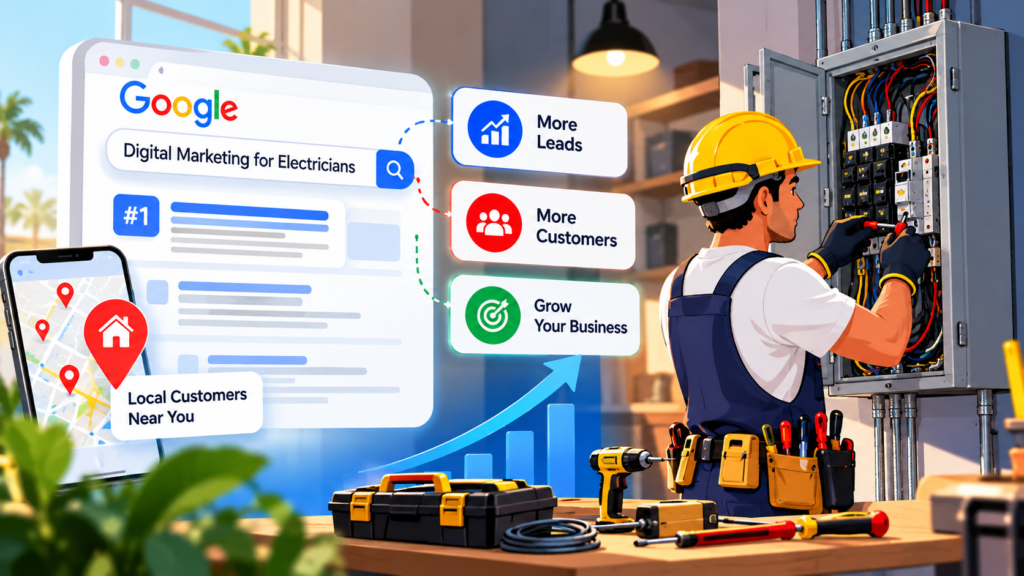 Digital marketing for electricians featuring Google search rankings, local customer targeting, and lead generation