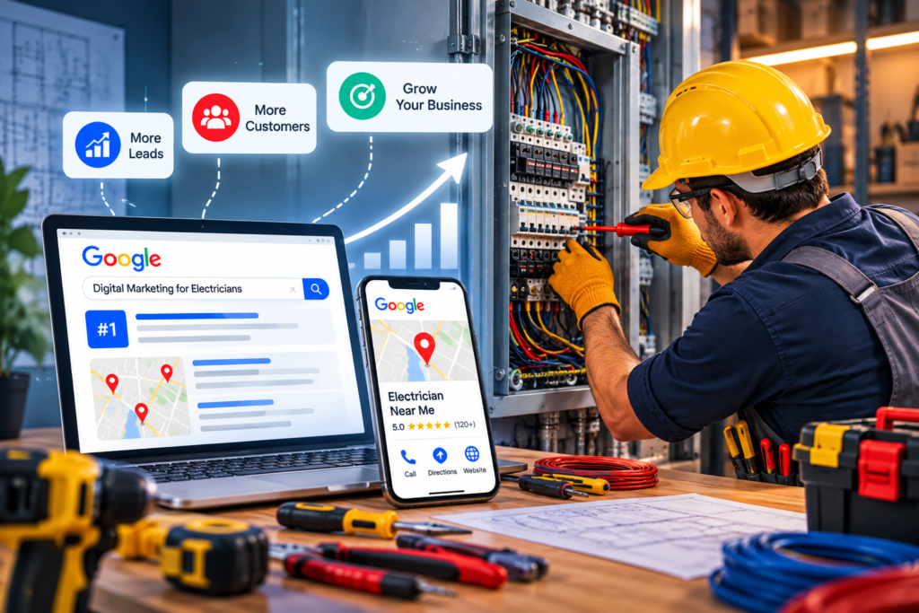 Digital marketing for electricians featuring Google search visibility, local SEO, and customer lead generation