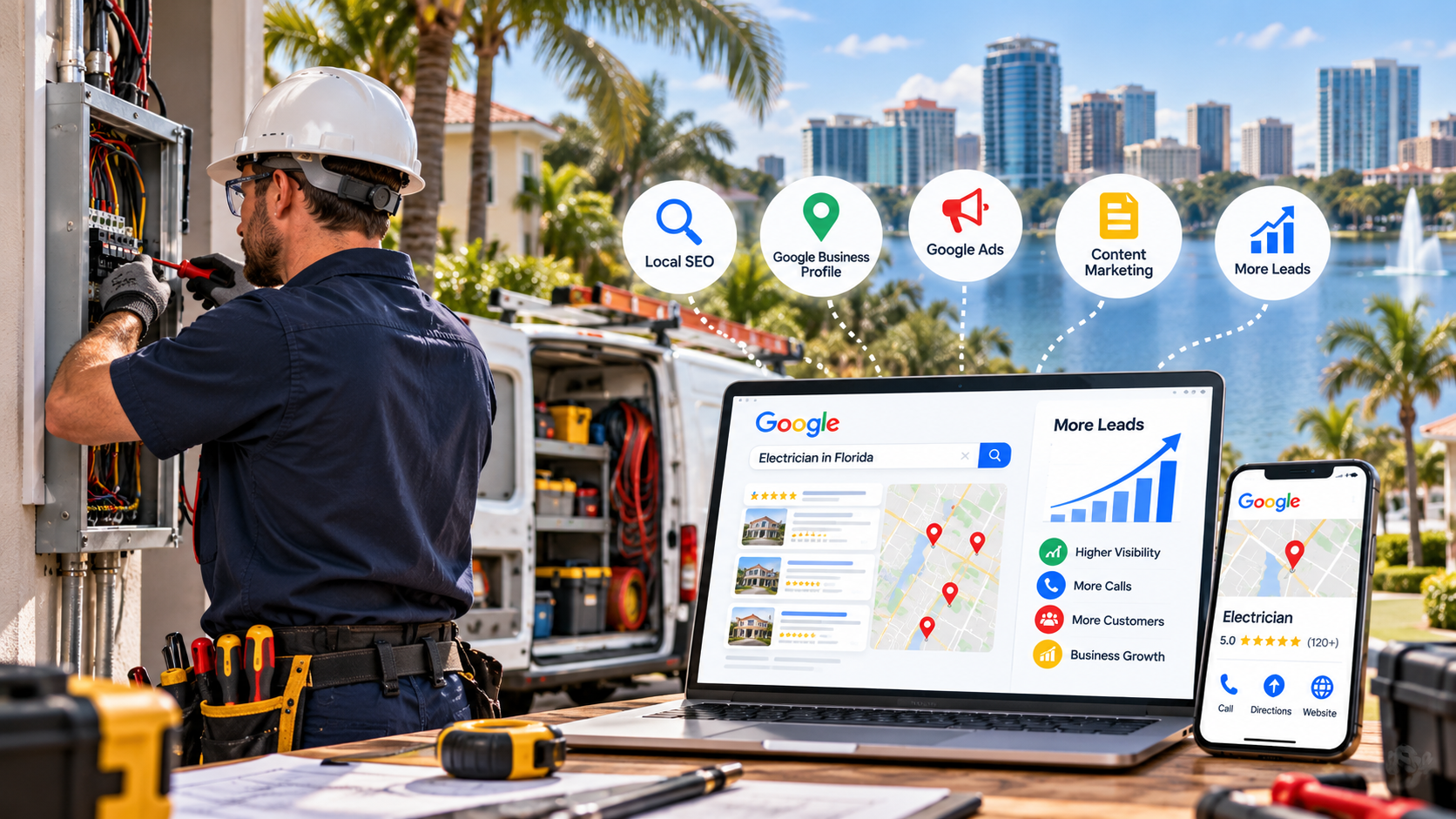 Digital marketing for electricians in Florida featuring local SEO, Google Business Profile, Google Ads, and lead generation.