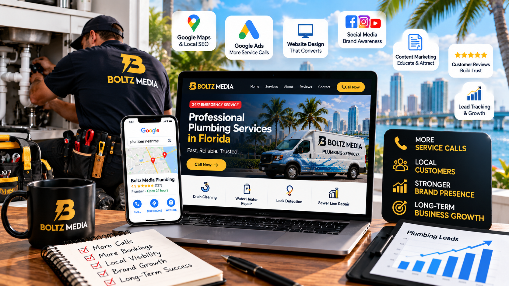 Digital marketing for plumbers in Florida featuring local SEO, Google Ads, web design, and lead generation