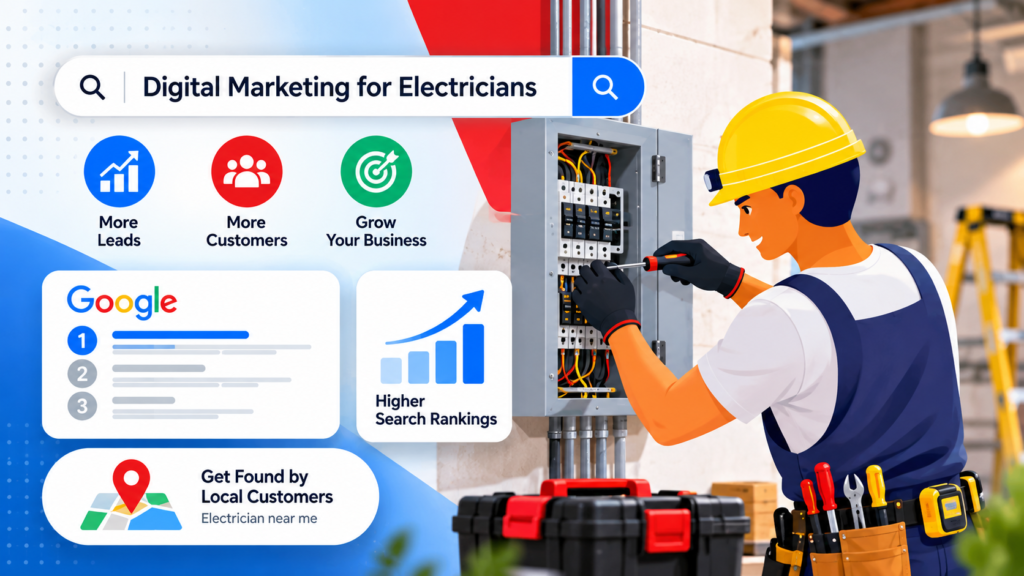 Digital marketing for electricians featuring local SEO, Google search rankings, and lead generation